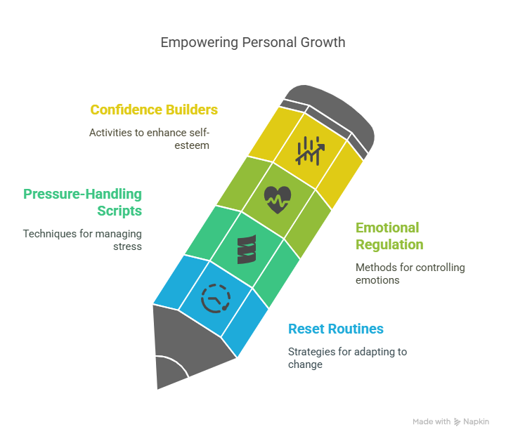 Pencil diagram highlighting: confidence builders, emotional regulation, pressure-handling scripts, and reset routines.